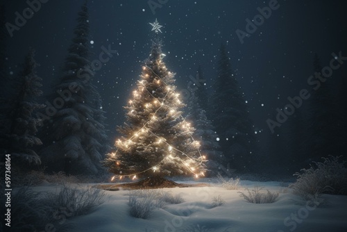 A 3D Christmas tree with a glowing star and garland, set amidst falling snow in a forest. Generative AI © Vadym