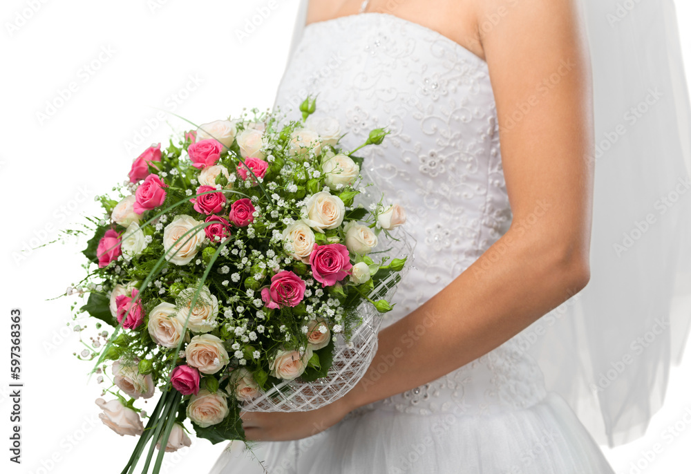 Beautiful bride in white wedding dress on white background Beautiful bride in white wedding dress on white background