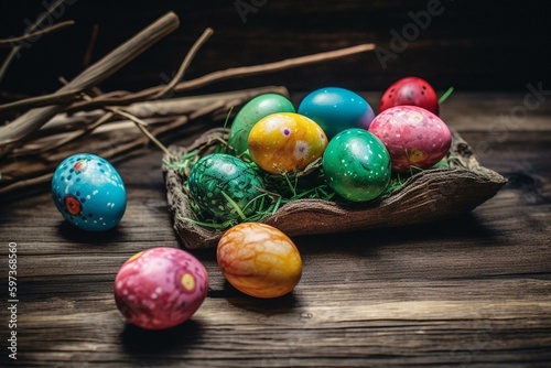 Bright Easter eggs on rustic wood. Generative AI