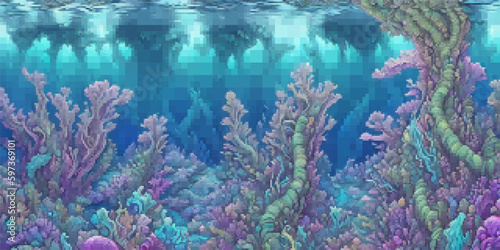 Underwater landscape. Aquatic background. Vector colorful illustration. Rectangular design.