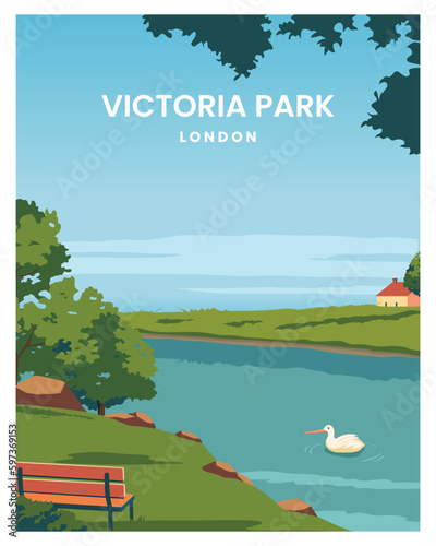 travel poster in victoria park london. landscape background with colored style.