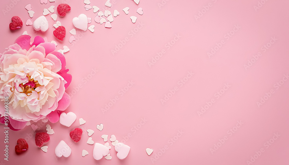 Top+view photo of white circle pink peony rose and heart shaped sprinkles on isolated pastel pink background, with an empty space on the left side for text or advertisement, Generative AI Top+view photo of white circle pink peony rose and heart shaped sprinkles on isolated pastel pink background, with an empty space on the left side for text or advertisement, Generative AI