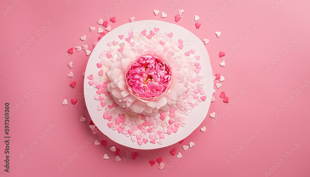 Naklejka premium Top+view photo of white circle pink peony rose and heart shaped sprinkles on isolated pastel pink background, with an empty space on the left side for text or advertisement, Generative AI