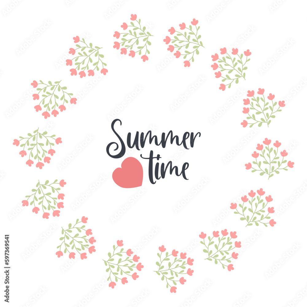 Summer time. Round floral frame with red flowers. Vector illustration for decor, design, print and napkins, cards and postcard.