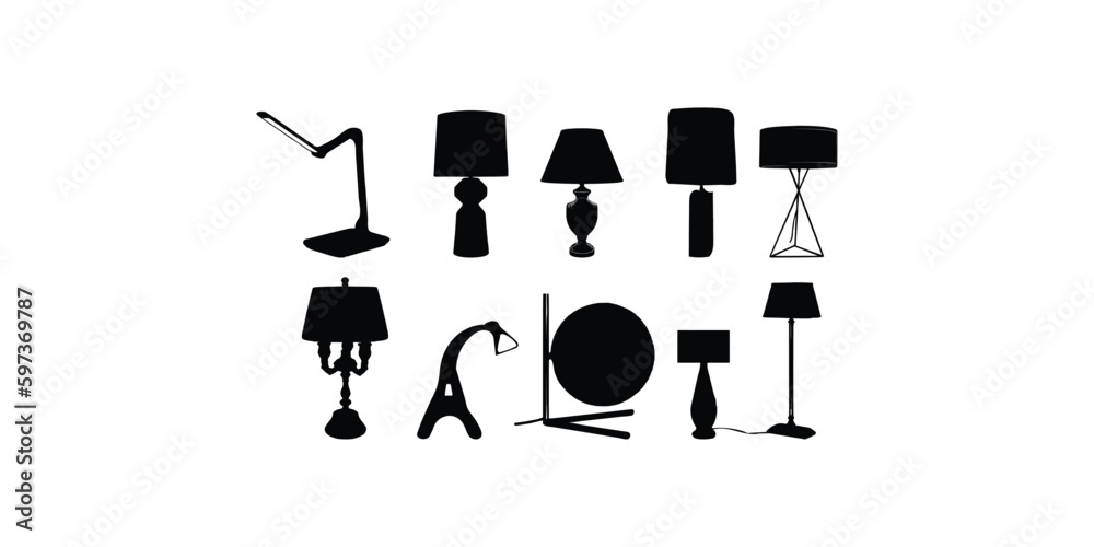 Ten Table light silhouette, lamps Flat style vector illustration. Black light, lamp silhouette set, lamps set. Ten Table light silhouette, lamps Flat style vector illustration. Black light, lamp silhouette set, lamps set.