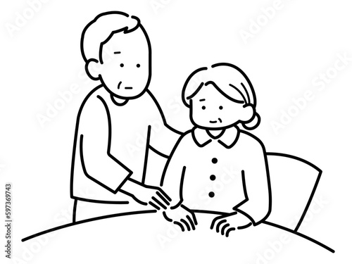 老々介護をイメージしたイラスト　線画のみ