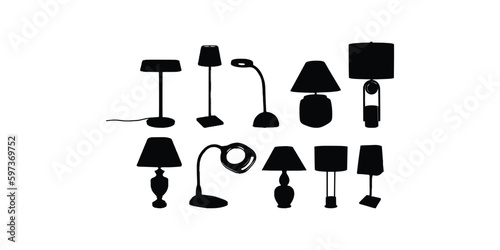 Ten  Table light silhouette, lamps Flat style vector illustration. Black light, lamp silhouette set, lamps set.