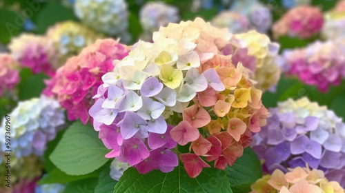 色鮮やかに咲く紫陽花の花のアップGenerative AI