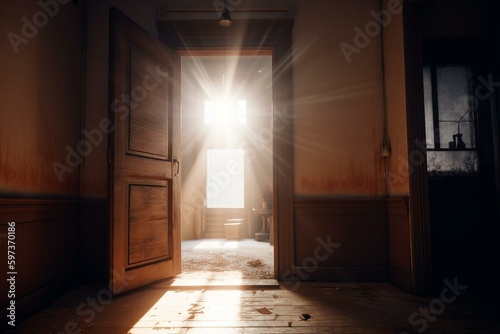 Open door with beam of light. Generative AI