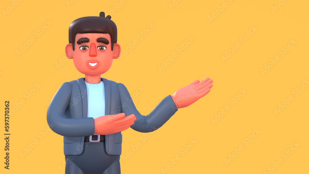 3d render of man in suit pointing to side, presentation, advertise or promote concept 3d render of man in suit pointing to side, presentation, advertise or promote concept