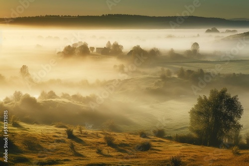 Landscape with mist on a morning. Generative AI