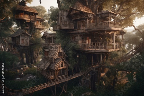 Imaginary town of tree houses hidden among beautiful trees and plants. Generative AI