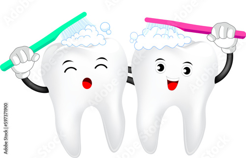 Cute cartoon tooth character brushing together. Great for dental care concept. Illustration