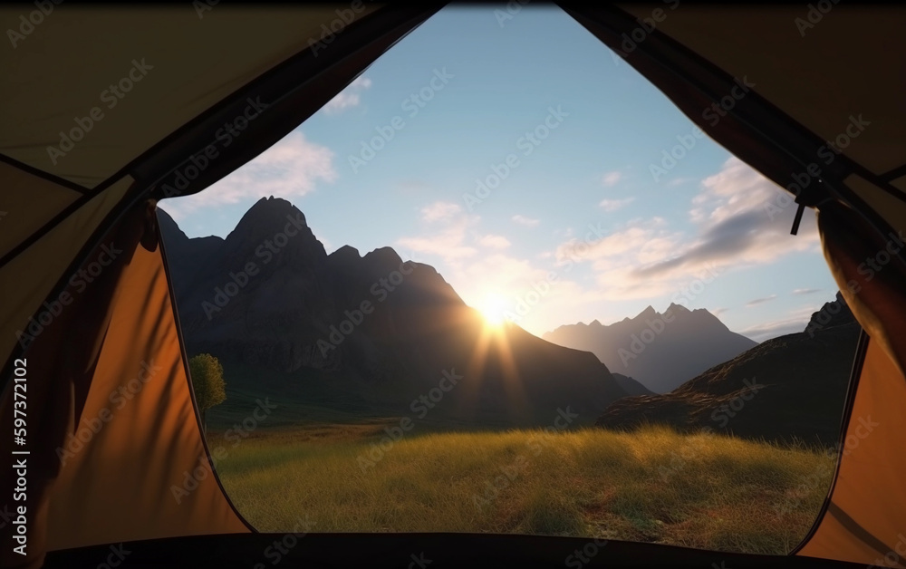View from the tent at dawn in the mountains created with Generative AI technology