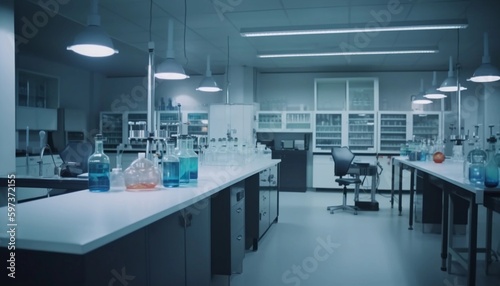 Interior of chemistry laboratory with many bottles of liquid on the table and a lamps created with Generative AI technology