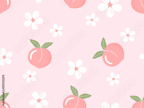Seamless pattern of peach fruit with green leaves and white flowers on pink background vector illustration.