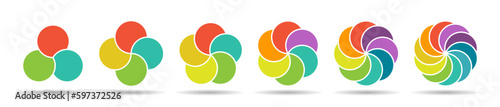 set of color pie charts of 3, 4, 5, 6, 8, and 10 parts or elements for visualizing infographics, business plans, marketing, and reporting. Simple design