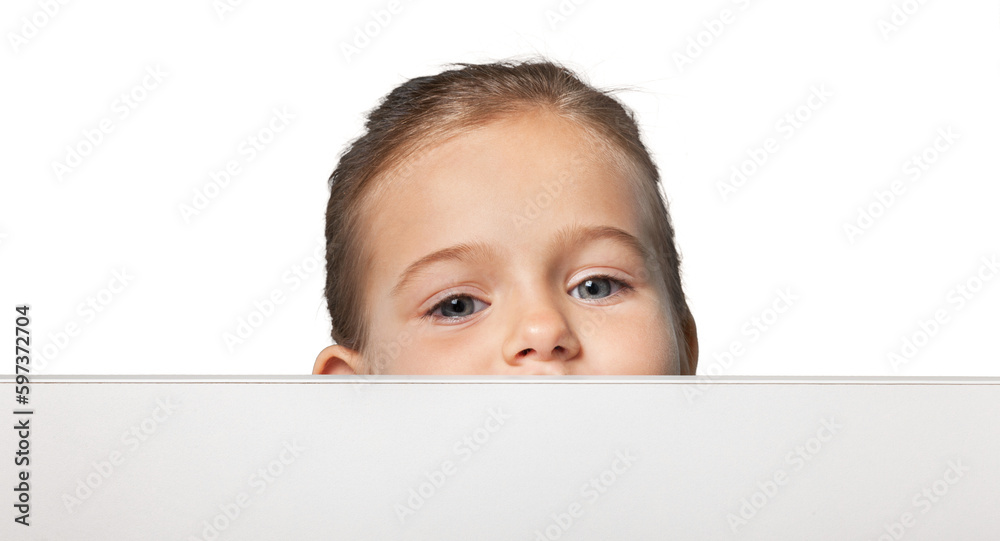 Boy's Head Behind a Blank Billboard Isolated Boy's Head Behind a Blank Billboard Isolated