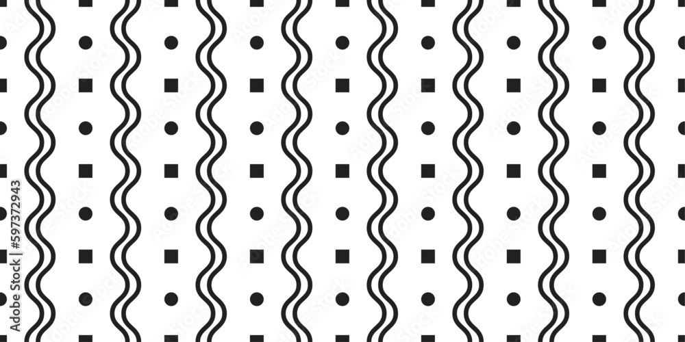 Dots and wavy lines. Black and white pattern of repeating columns. For seamless print, interior, textile, pillows, wallpaper. Dots and wavy lines. Black and white pattern of repeating columns. For seamless print, interior, textile, pillows, wallpaper.