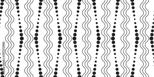 Dots and wavy lines. Black and white pattern of repeating columns.