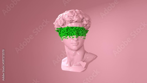3D Multicolored Rotating David Head In VR Glasses. Michelangelo's David Sculpture. Glitch Effect. NFT Cryptoart Concept. 4K	
