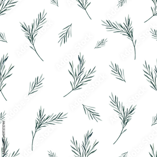 Watercolor rosemary seamless pattern. Winter print on white background. Evergreen spruce  Hand drawn botanical illustration for fabric  wrapping paper.