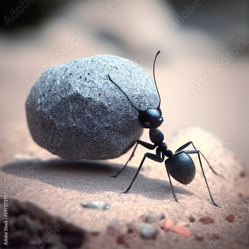 Leinwand Poster mighty ant moving a heavy stone  generative AI