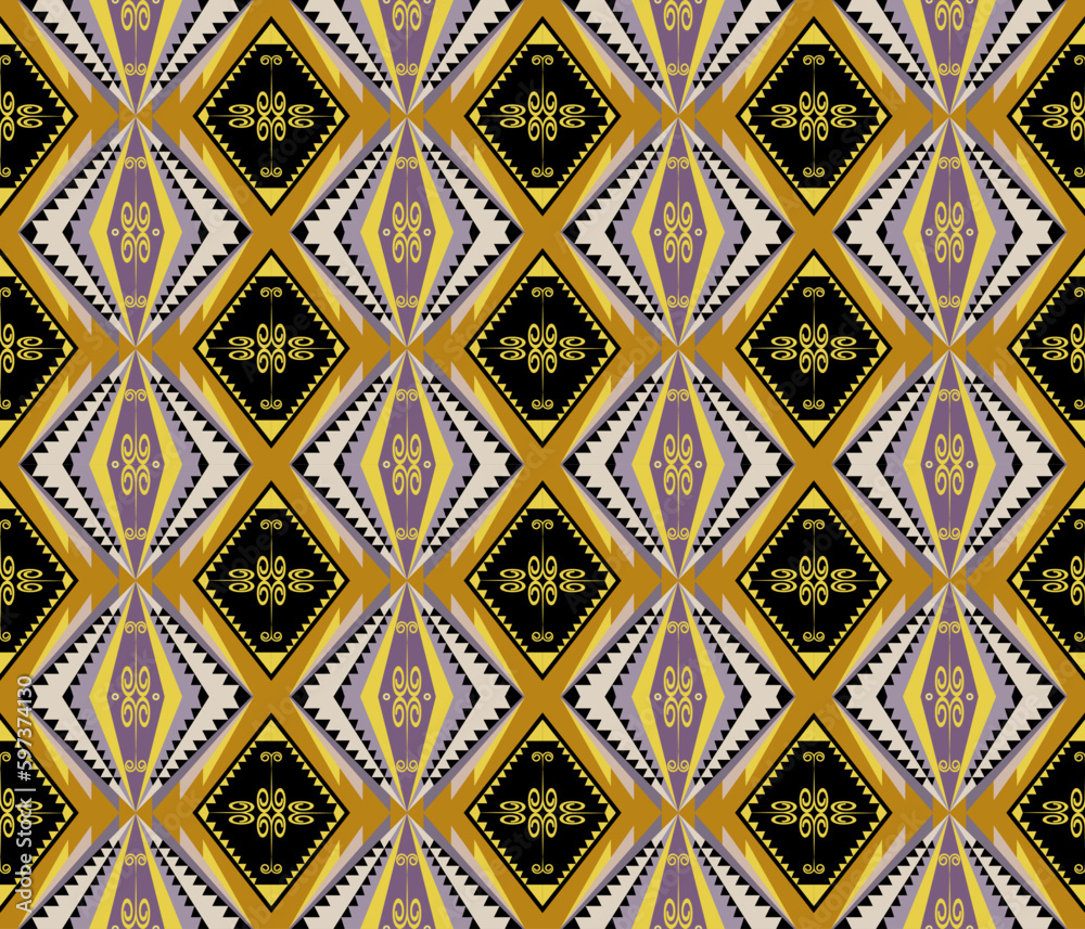 Ethnic folk geometric seamless pattern in yellow and black in vector illustration design for fabric, mat, carpet, scarf, wrapping paper, tile and more