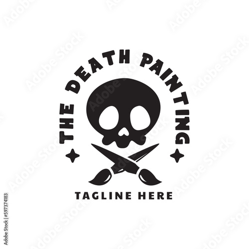 death skull with painting brush symbol for creative painter artist brand company 
