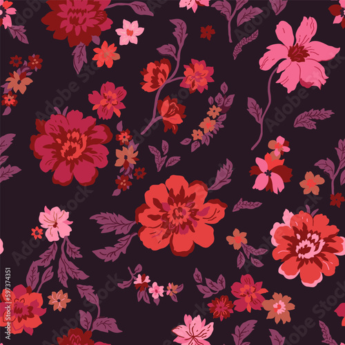 Seamless floral pattern with pink and pale pink peonies on a black background, handmade in vintage style.