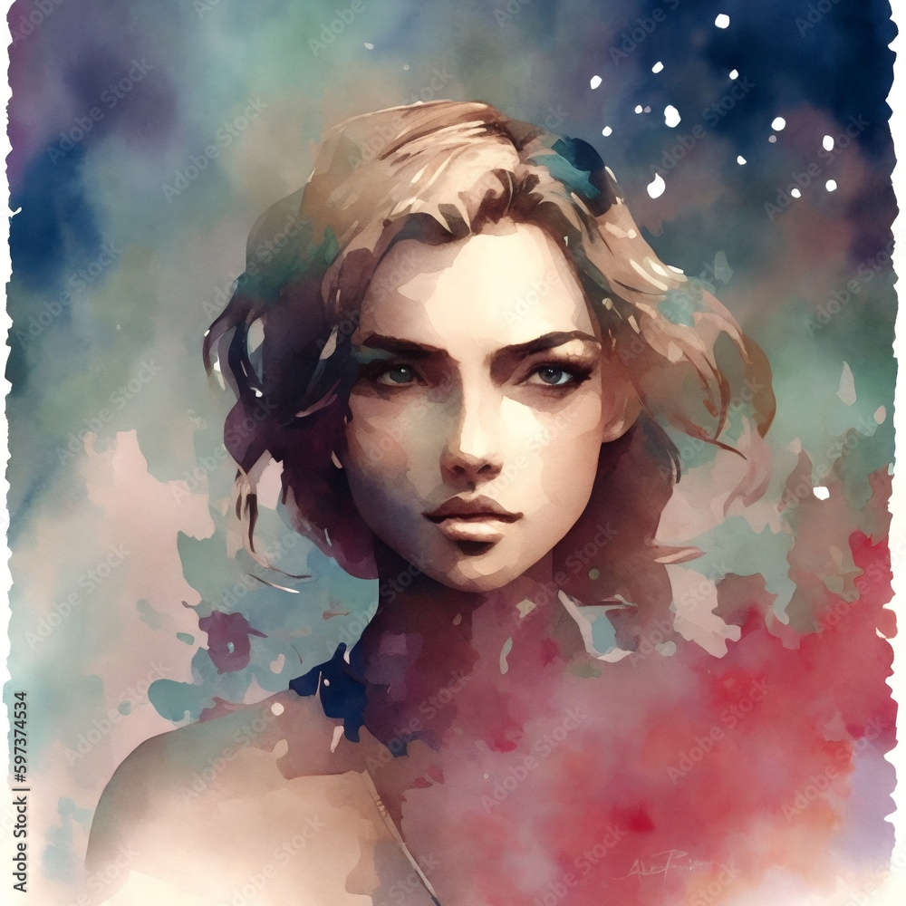 Abstract digital watercolour painting of a woman