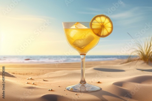 Illustration of a beach cocktail with lemon slice on sand. Generative AI