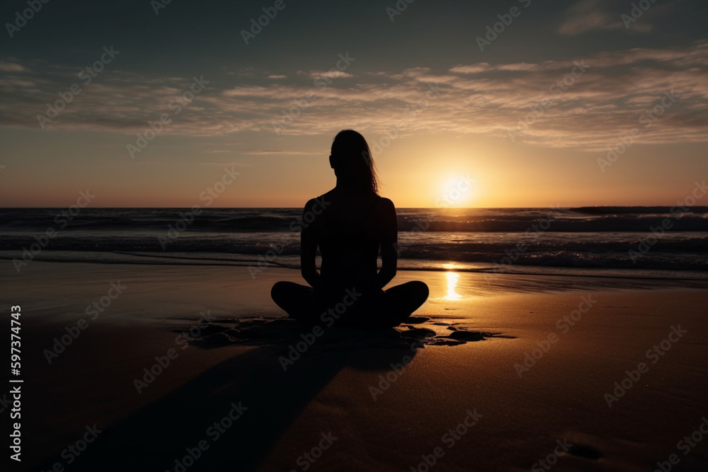 Silhouette of young woman practicing yoga, lotus position, and meditating on the beach  Generative AI