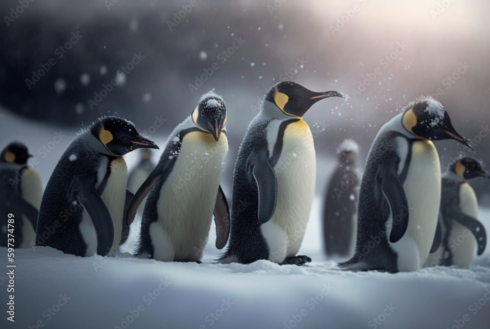 Fototapeta premium penguins playing in the snow. generative ai