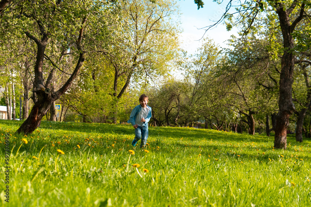 Full length positive boy running through green meadow with trees to camera Full length positive boy running through green meadow with trees to camera