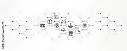book keeping, taxation, budget management, profit and strategy banner vector illustration with the website icons and symbol of tax, budget, balance, management, profit, strategy business concept.