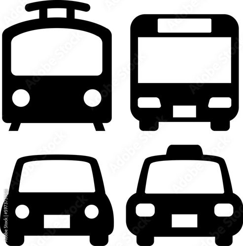 電車、バス、自家用車、タクシーのアイコン