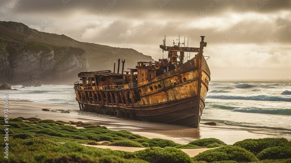 The rusted remains of a cargo ship that was grounded on a remote beach ...