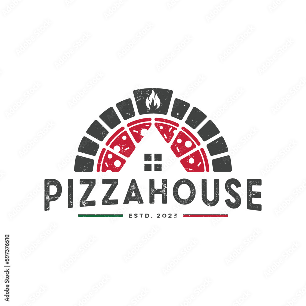Pizza house logo vector with vintage style. tasty red pizza home made