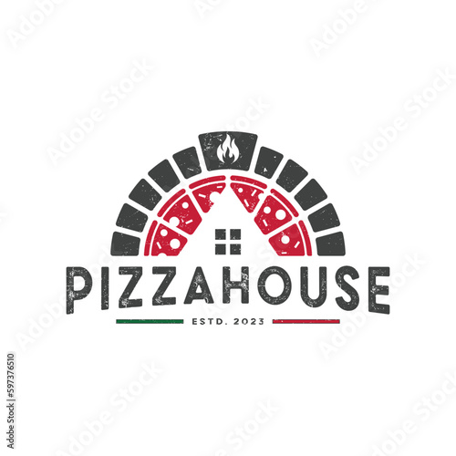Pizza house logo vector with vintage style. tasty red pizza home made label icon concept logo template.