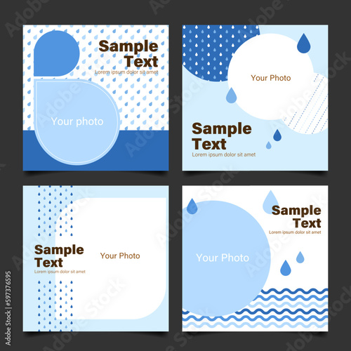 Set of social media post templates with rain or water theme. Square background designs for social media posts, web banners, covers, etc.