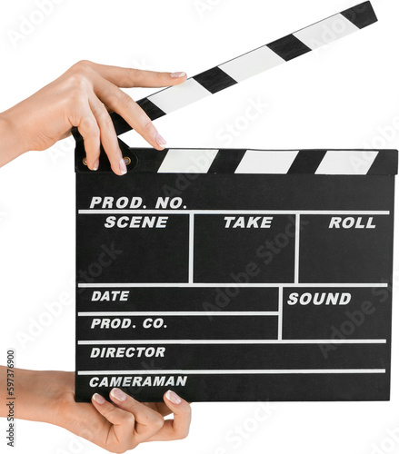 Foto Human hand holds movie clapper board