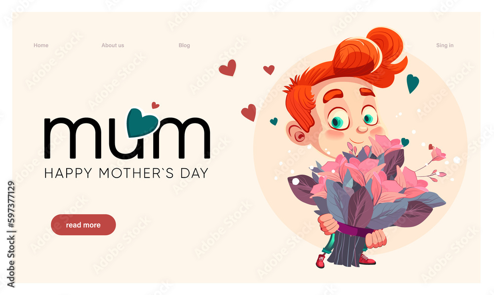 Happy mothers day illustration with woman holding a Flowers. Thank you card with blooming flowers. Use for Boarding Pass, birthday card, invitations, Birthday card