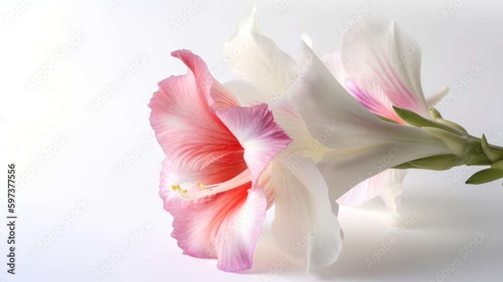 Gladiolus close-up shot with studio lighting on a white background. AI generated.