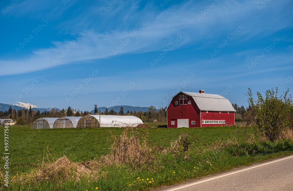 Agriculture Landscape With Old Red Barn and blue sky. Countryside landscape. Farm, red barn. Rural scenery, farmland