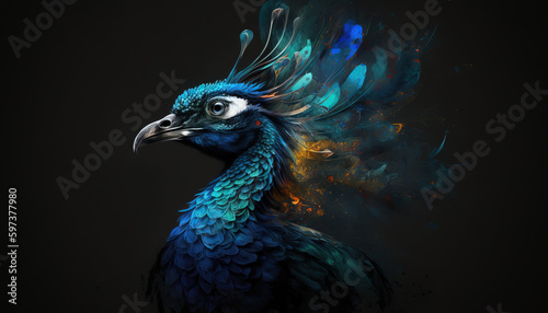 Peacock abstract wallpaper. Contrast background Peafowl in vivid colors generative ai © Roman
