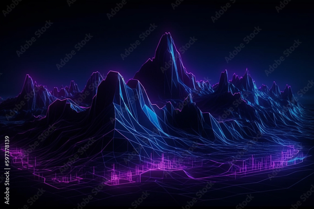 d rendering, abstract virtual reality violet background, Neon wireframe terrain  Generative AI - obrazy, fototapety, plakaty 