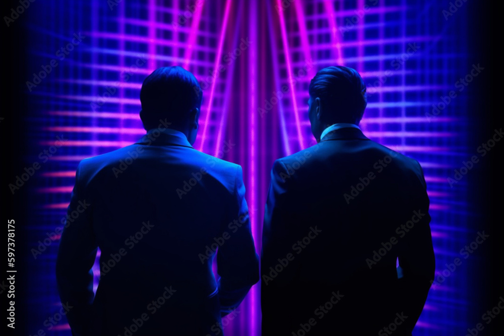 business men Rear view ultraviolet spectrum, blue violet neon lights Generative AI