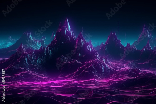 d rendering, abstract virtual reality violet background, Neon wireframe terrain Generative AI