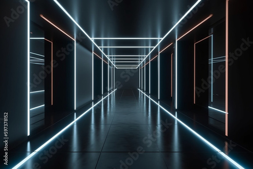 A dark corridor lit by white neon lights. Reflections on the floor and walls Generative AI